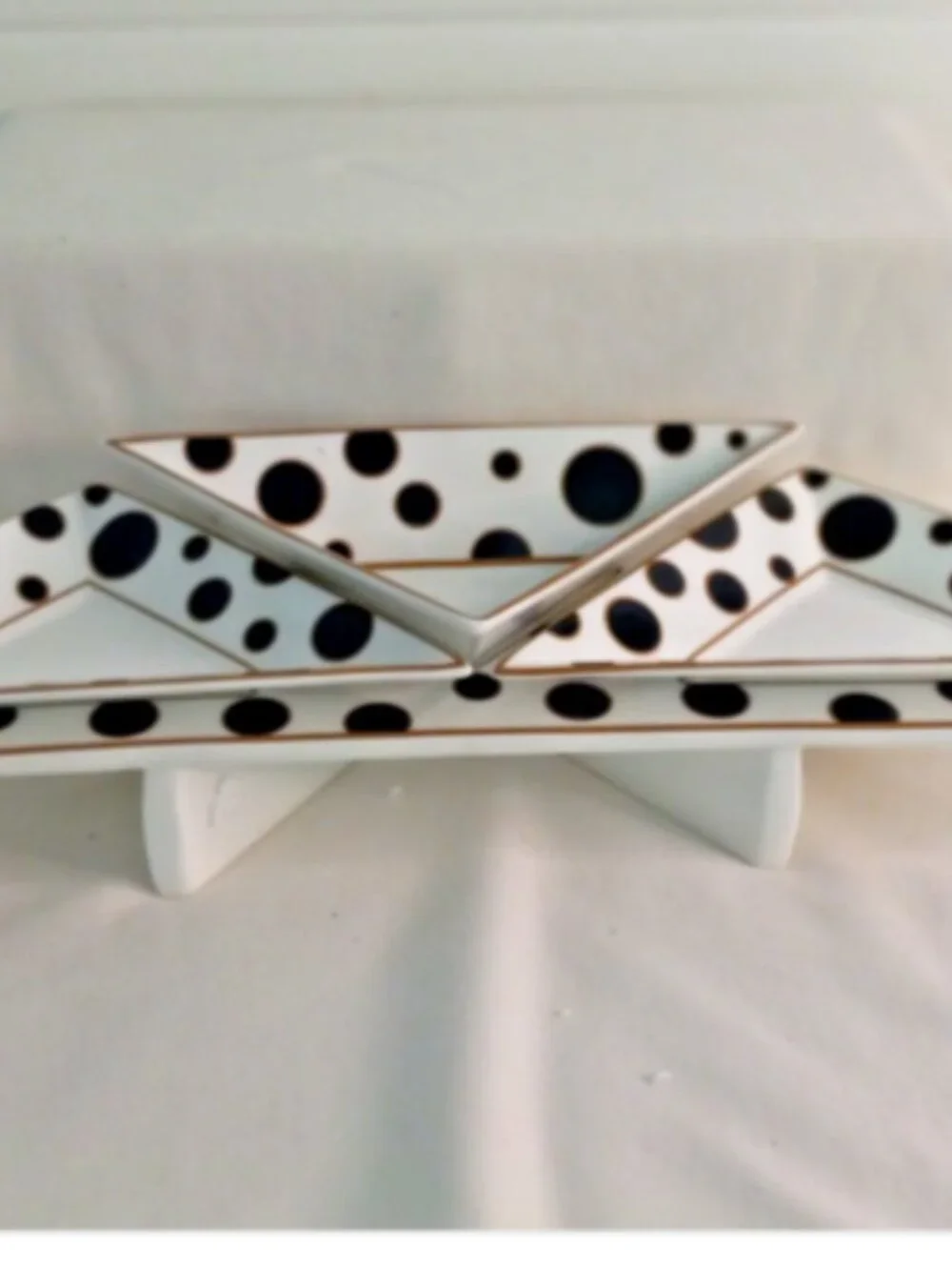 Triangle Divided Serving Tray Set of 3 w/ Stand Black White Polka Dot Porlien